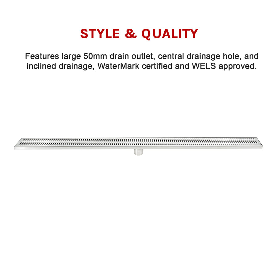 1200mm Bathroom Shower Stainless Steel Grate Drain w/Centre outlet Floor Waste Square Pattern