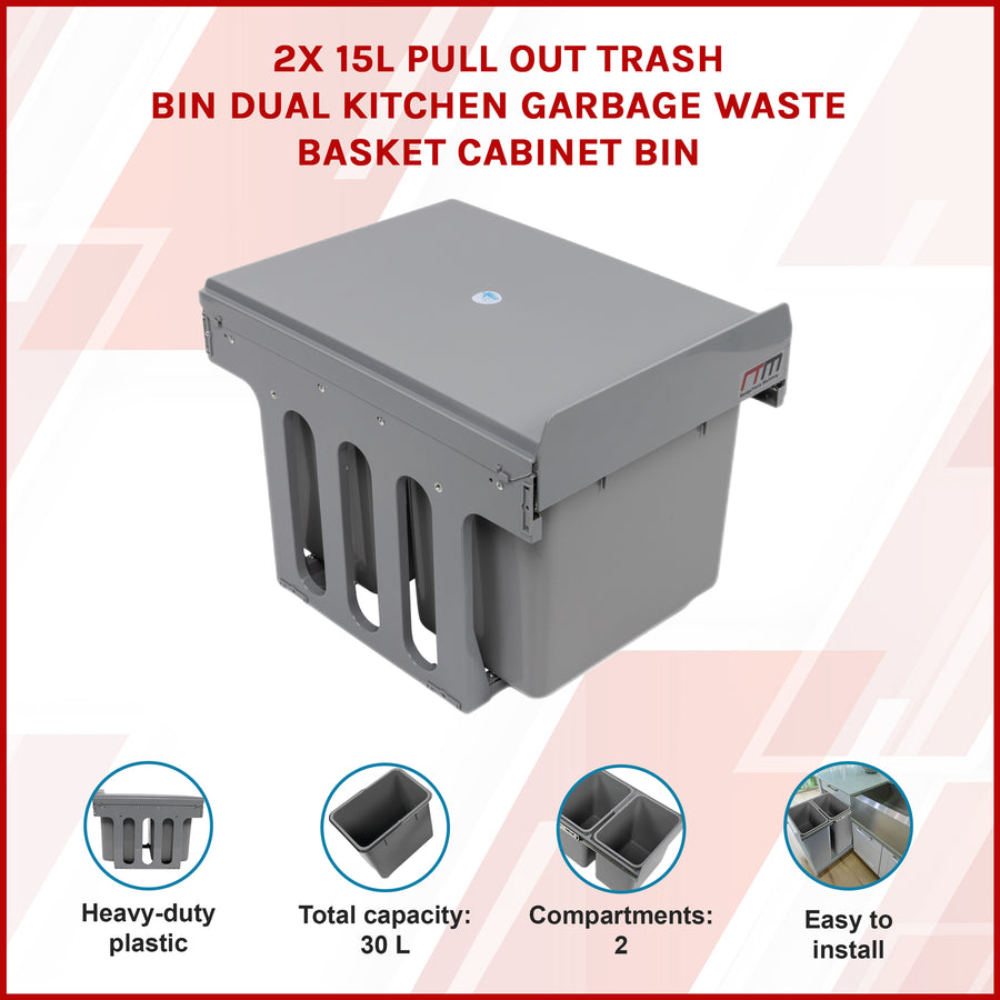 2x 15L Pull Out Trash Bin Dual Kitchen Garbage Waste Basket Cabinet Bin