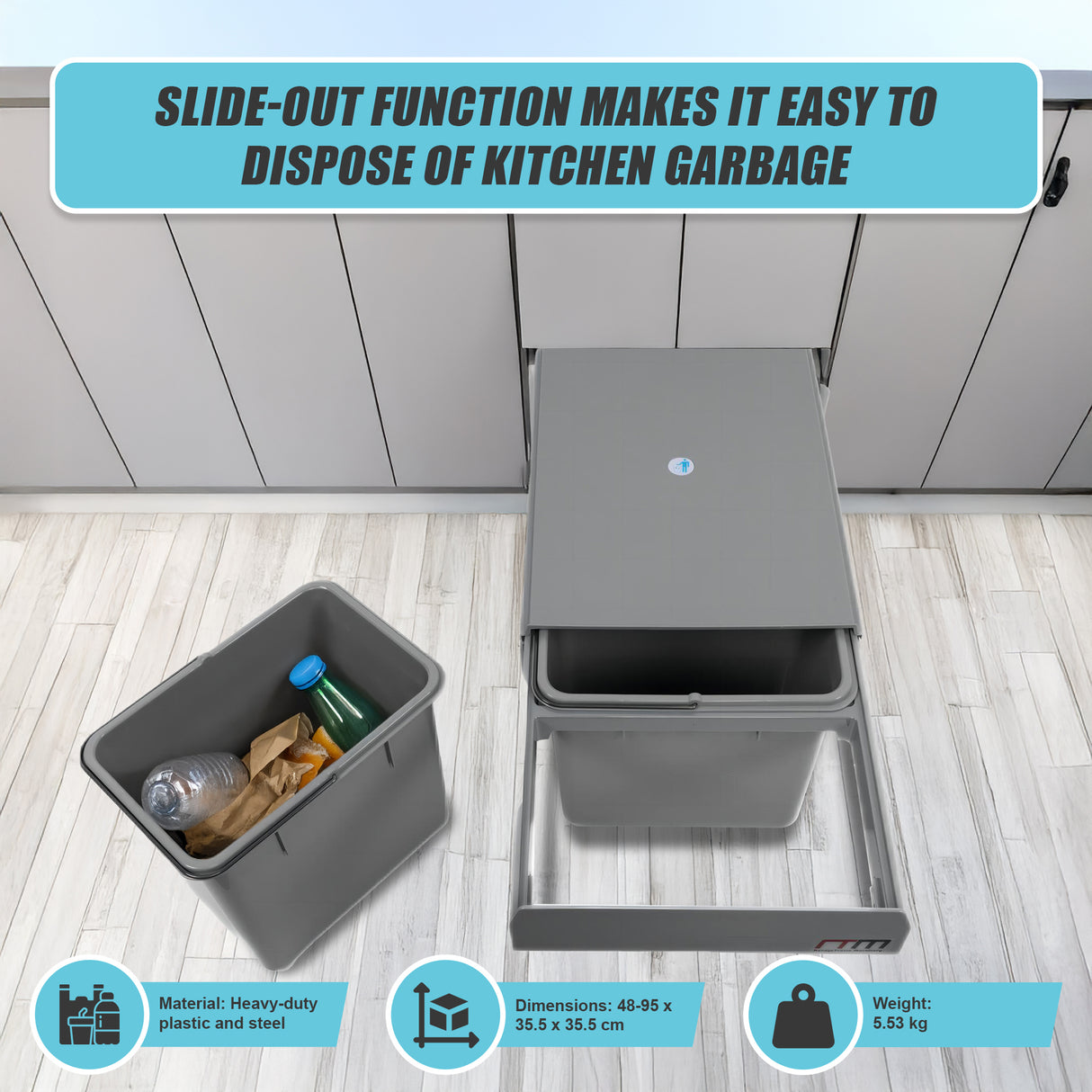 2x 15L Pull Out Trash Bin Dual Kitchen Garbage Waste Basket Cabinet Bin