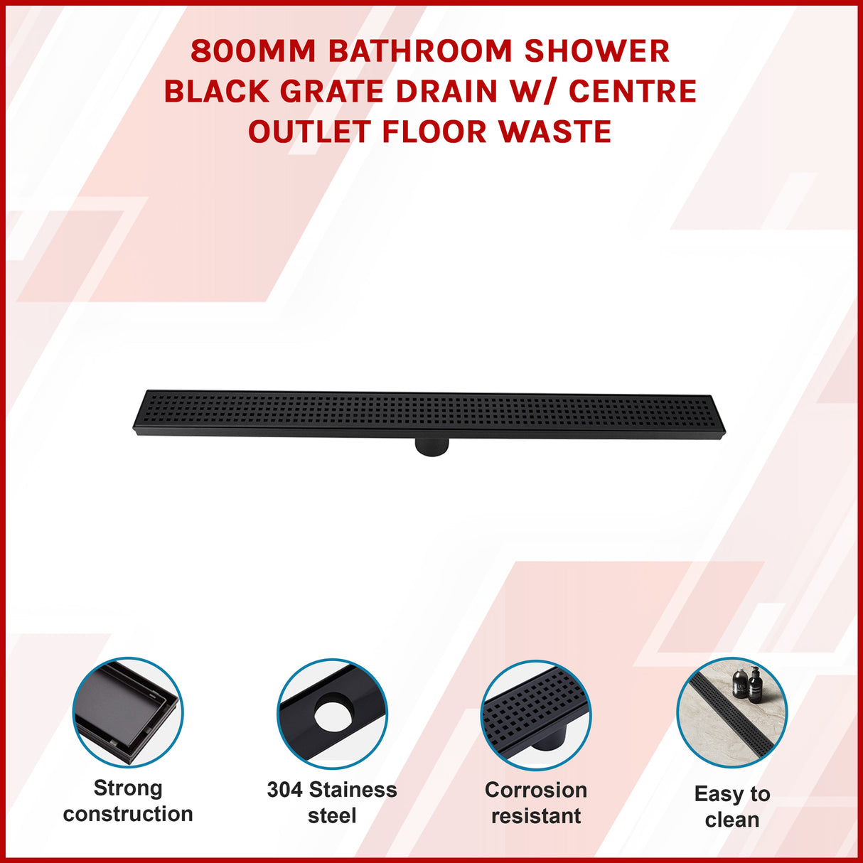 800mm Bathroom Shower Black Grate Drain w/Centre outlet Floor Waste
