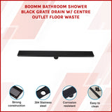 800mm Bathroom Shower Black Grate Drain w/Centre outlet Floor Waste - Front View