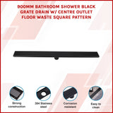 900mm Bathroom Shower Black Grate Drain w/Centre outlet Floor Waste Square Pattern