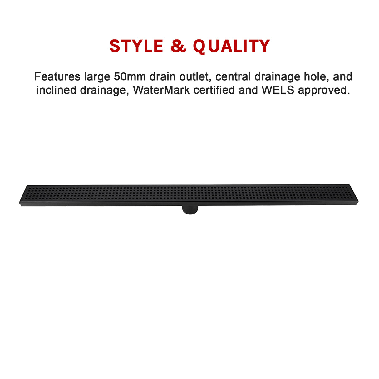 1000mm Bathroom Shower Black Grate Drain w/Centre outlet Floor Waste Square Pattern