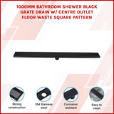 1000mm Bathroom Shower Black Grate Drain w/Centre outlet Floor Waste Square Pattern - Front View