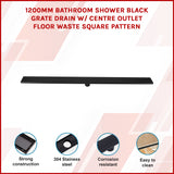 1200mm Bathroom Shower Black Grate Drain w/Centre outlet Floor Waste Square Pattern - Front View