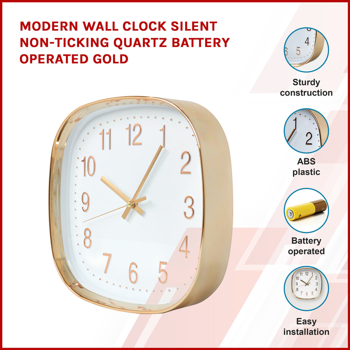 Modern Wall Clock Silent Non-Ticking Quartz Battery Operated Gold