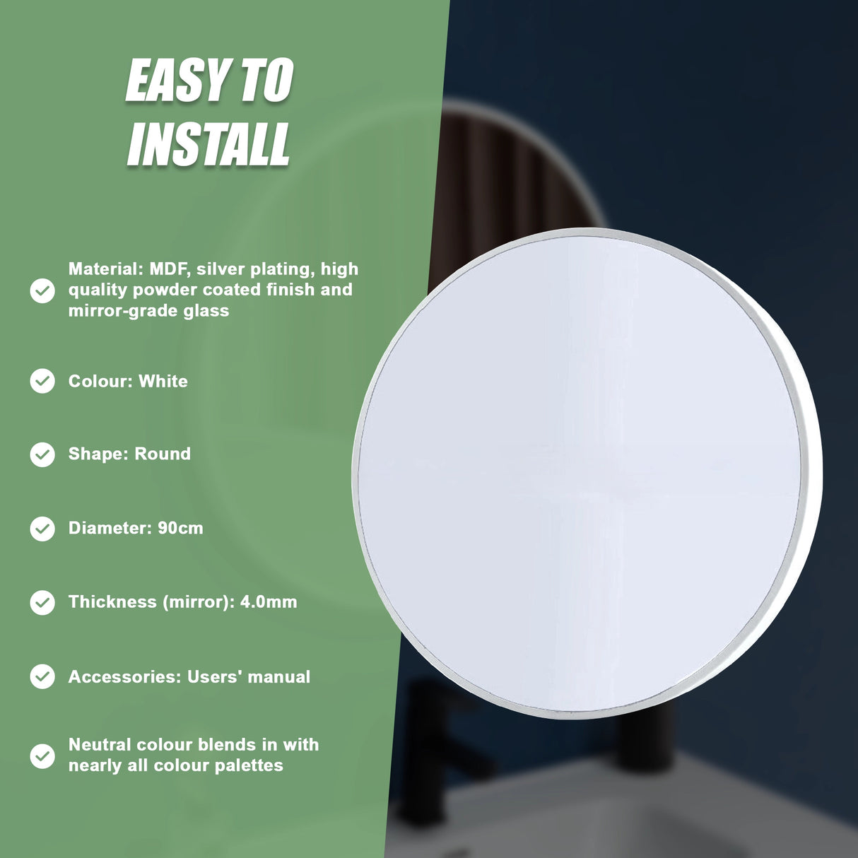 90cm Round Wall Mirror Bathroom Makeup Mirror by Della Francesca