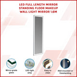 LED Full Length Mirror Standing Floor Makeup Wall Light Mirror 1.6M - Front View