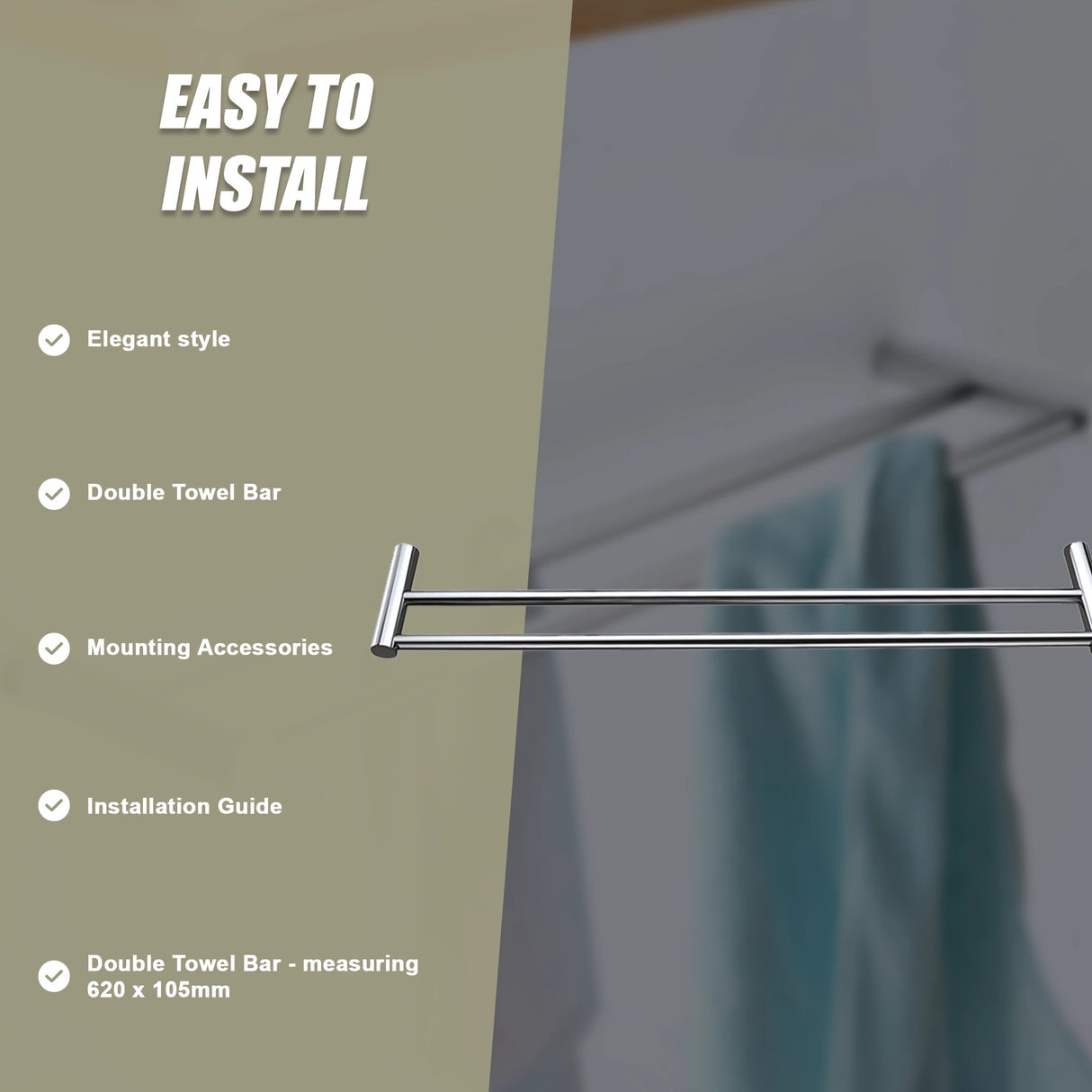 Double Towel Rail Grade 304 Stainless Steel 620mm
