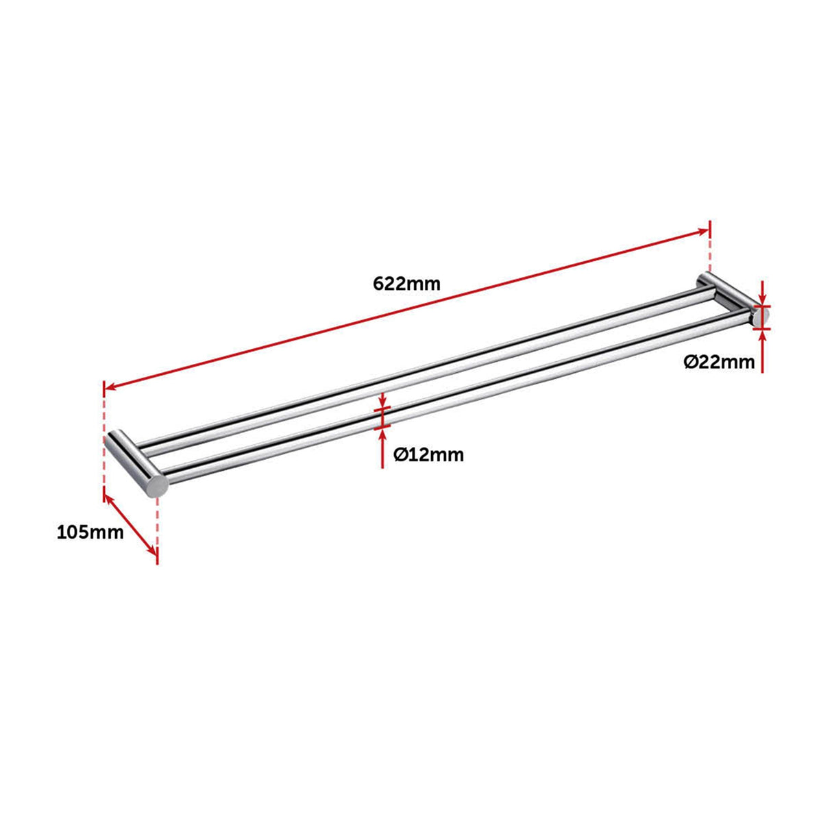 Double Towel Rail Grade 304 Stainless Steel 620mm
