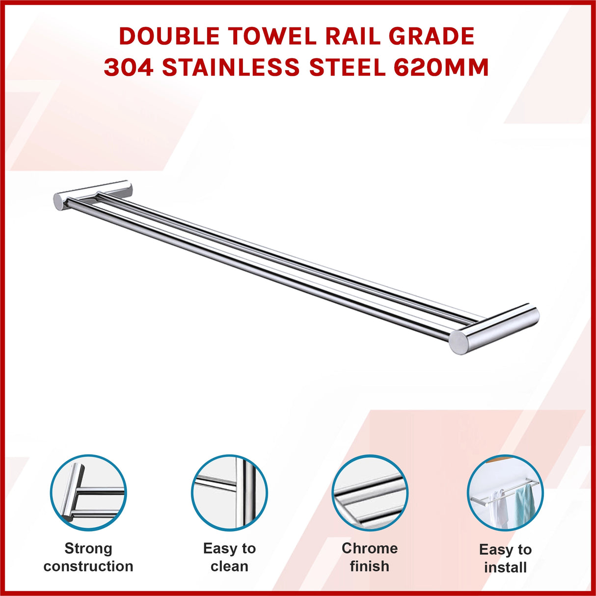 Double Towel Rail Grade 304 Stainless Steel 620mm