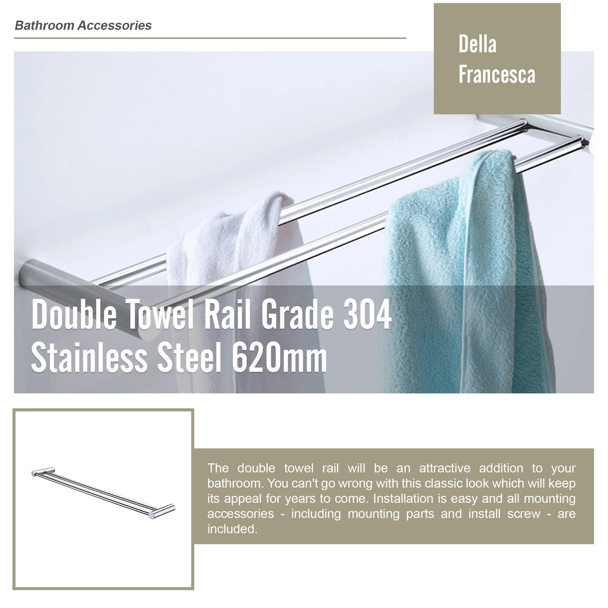 Double Towel Rail Grade 304 Stainless Steel 620mm