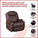 Brown Massage Sofa Chair Recliner 360 Degree Swivel PU Leather Lounge 8 Point Heated - Front View