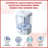 Automatic Liquid Soap/Alcohol Sanitizer Dispenser 700ML Hands-Free Sensor Wall - Front View