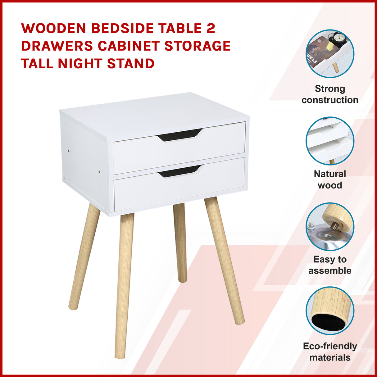 Wooden Bedside Table 2 Drawers Cabinet Storage Tall Night Stand