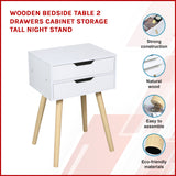 Wooden Bedside Table 2 Drawers Cabinet Storage Tall Night Stand - Front View