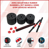 20kg Adjustable Rubber Dumbbell Set Barbell Home GYM Exercise Weights - Front View