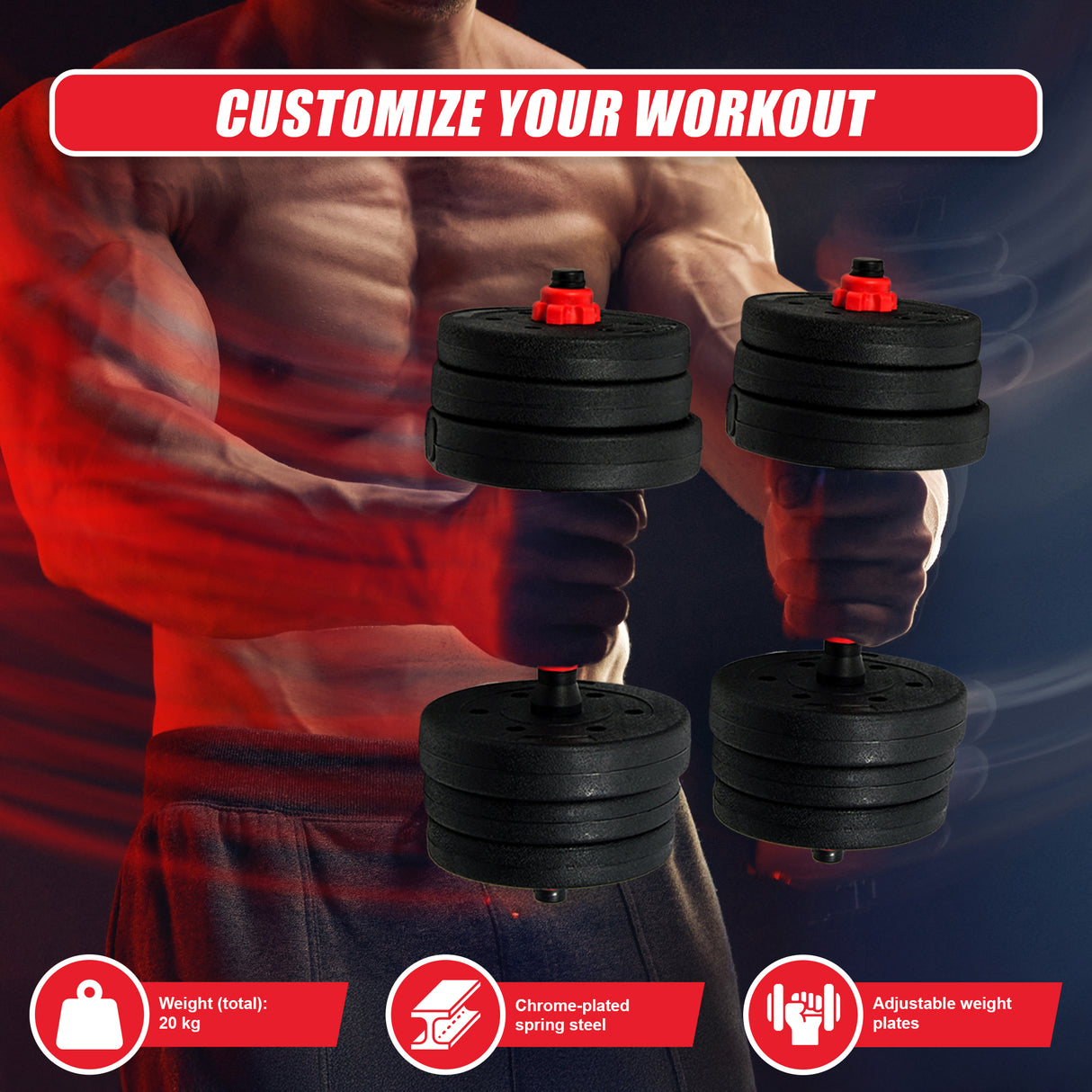 20kg Adjustable Rubber Dumbbell Set Barbell Home GYM Exercise Weights