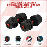 30kg Adjustable Rubber Dumbbell Set Barbell Home GYM Exercise Weights - Front View
