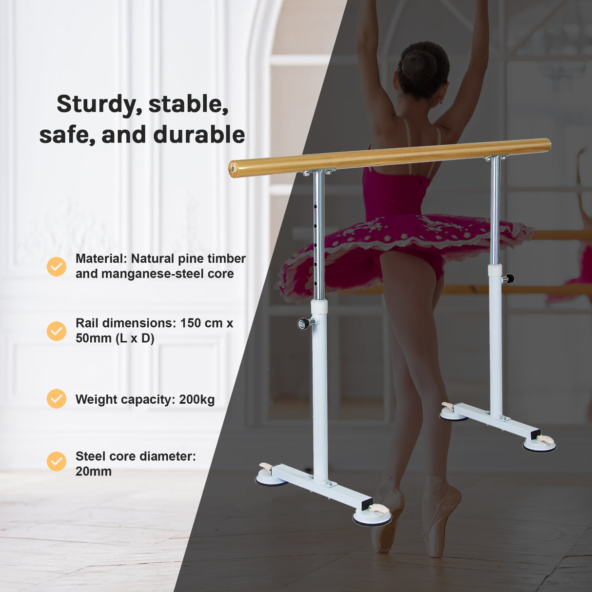 Wooden Portable Ballet Bar Stretch Barre Dance Bar 1.5M Freestanding Ballet Bar