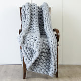 Hand Knitted Chunky Blanket Thick Acrylic Yarn Blanket Home Decor Throw Rug - Grey - Top-Down View