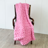 Hand Knitted Chunky Blanket Thick Acrylic Yarn Blanket Home Decor Throw Rug - Pink - Side View