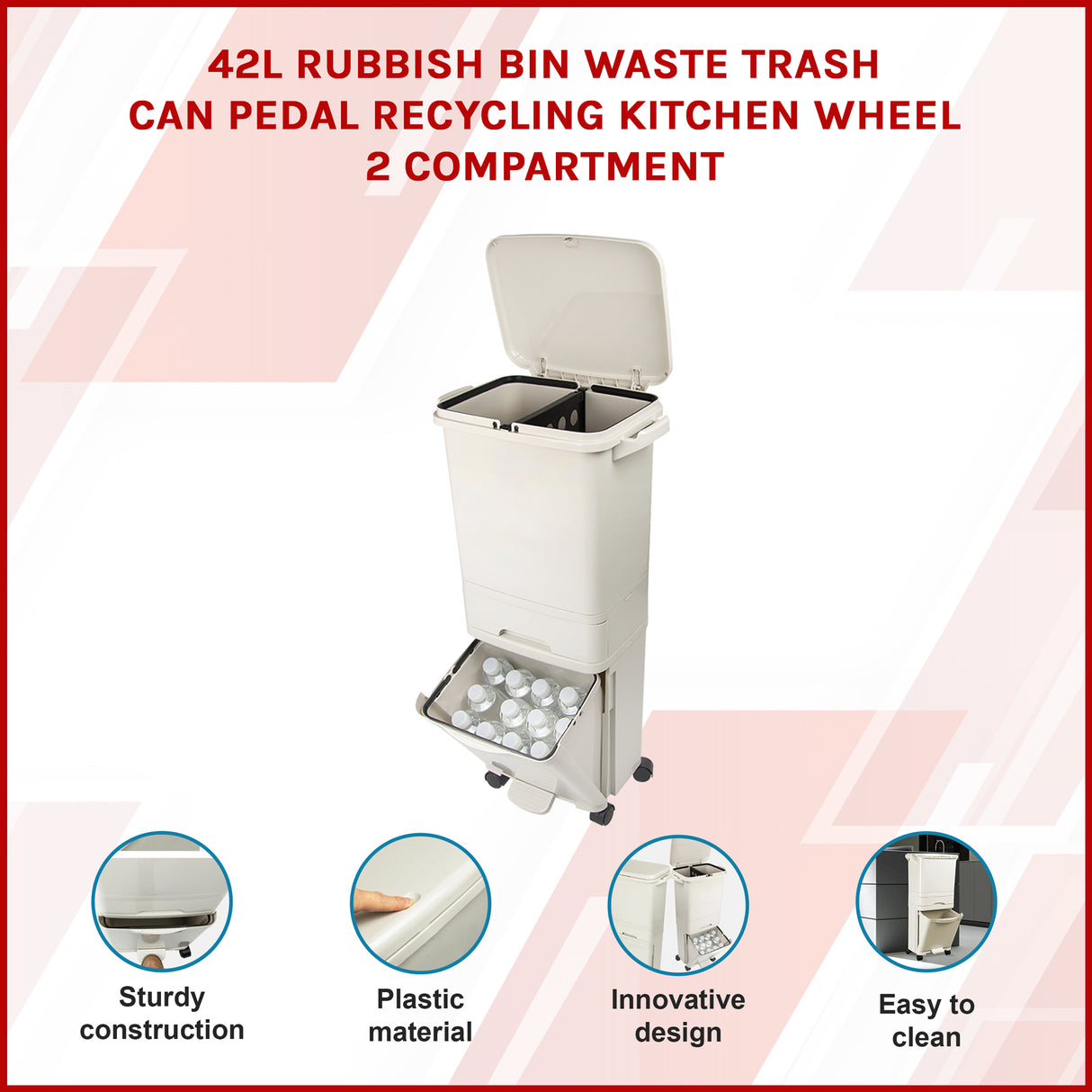 42L Rubbish Bin Waste Trash Can Pedal Recycling Kitchen Wheel 2 Compartment