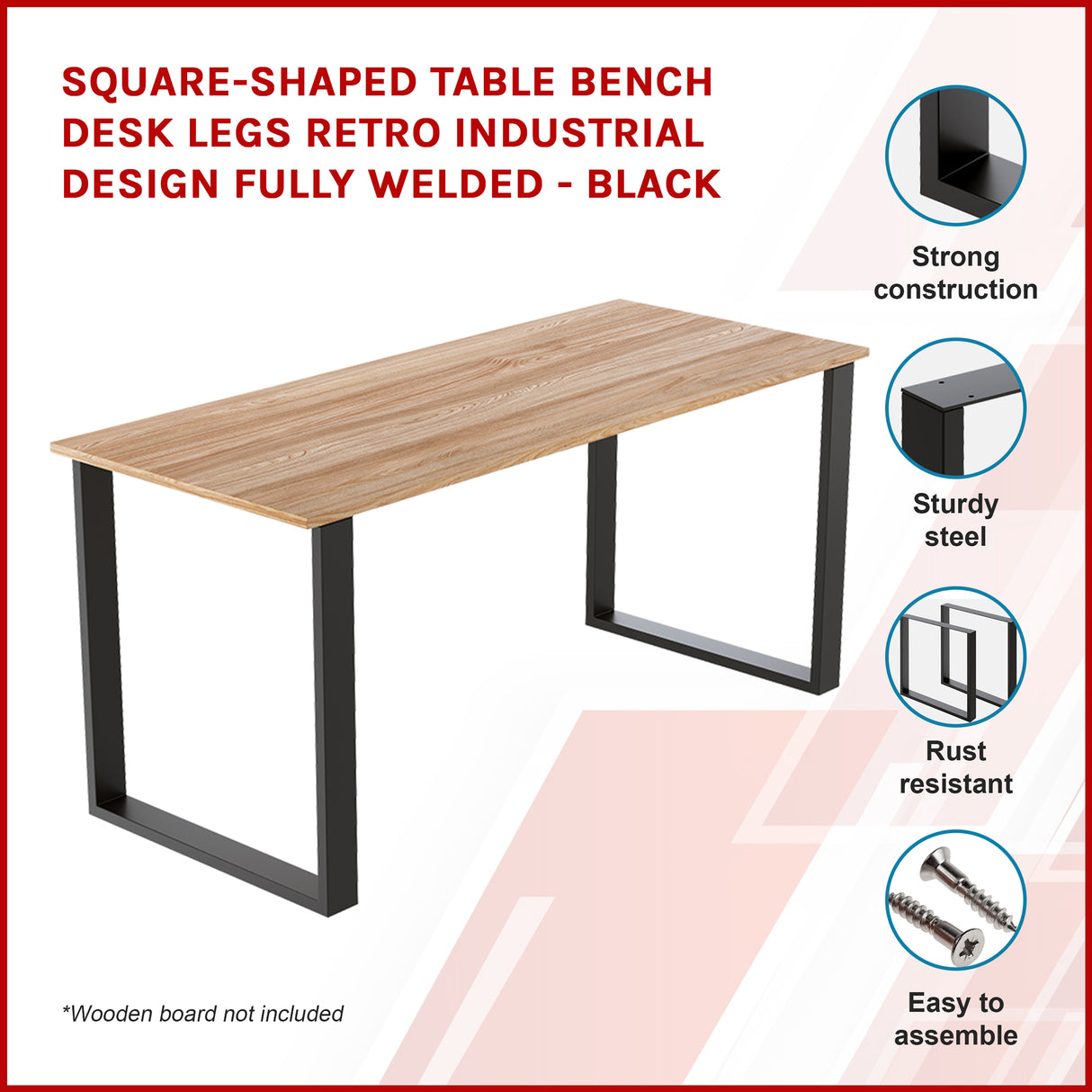 Square-Shaped Table Bench Desk Legs Retro Industrial Design Fully Welded - Black