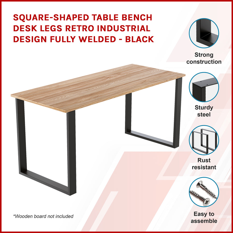 Square-Shaped Table Bench Desk Legs Retro Industrial Design Fully Welded - Black