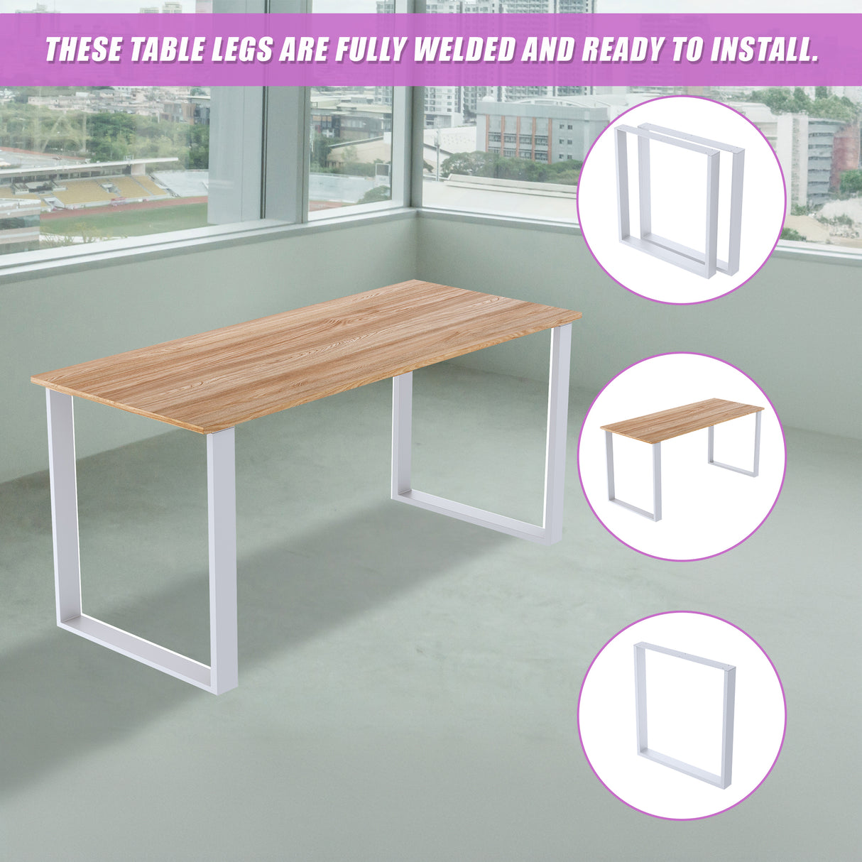 Square-Shaped Table Bench Desk Legs Retro Industrial Design Fully Welded - White