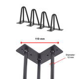 Set of 4 Industrial 3-Rod Retro Hairpin Table Legs 12mm Steel Bench Desk - 11cm Black - Low Angle