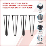 Set of 4 Industrial 3-Rod Retro Hairpin Table Legs 12mm Steel Bench Desk - 41cm Black - Front View
