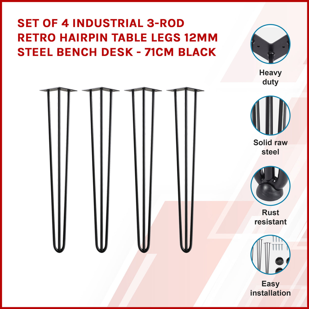 Set of 4 Industrial 3-Rod Retro Hairpin Table Legs 12mm Steel Bench Desk - 71cm Black