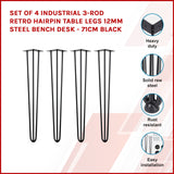 Set of 4 Industrial 3-Rod Retro Hairpin Table Legs 12mm Steel Bench Desk - 71cm Black - Top-Down View