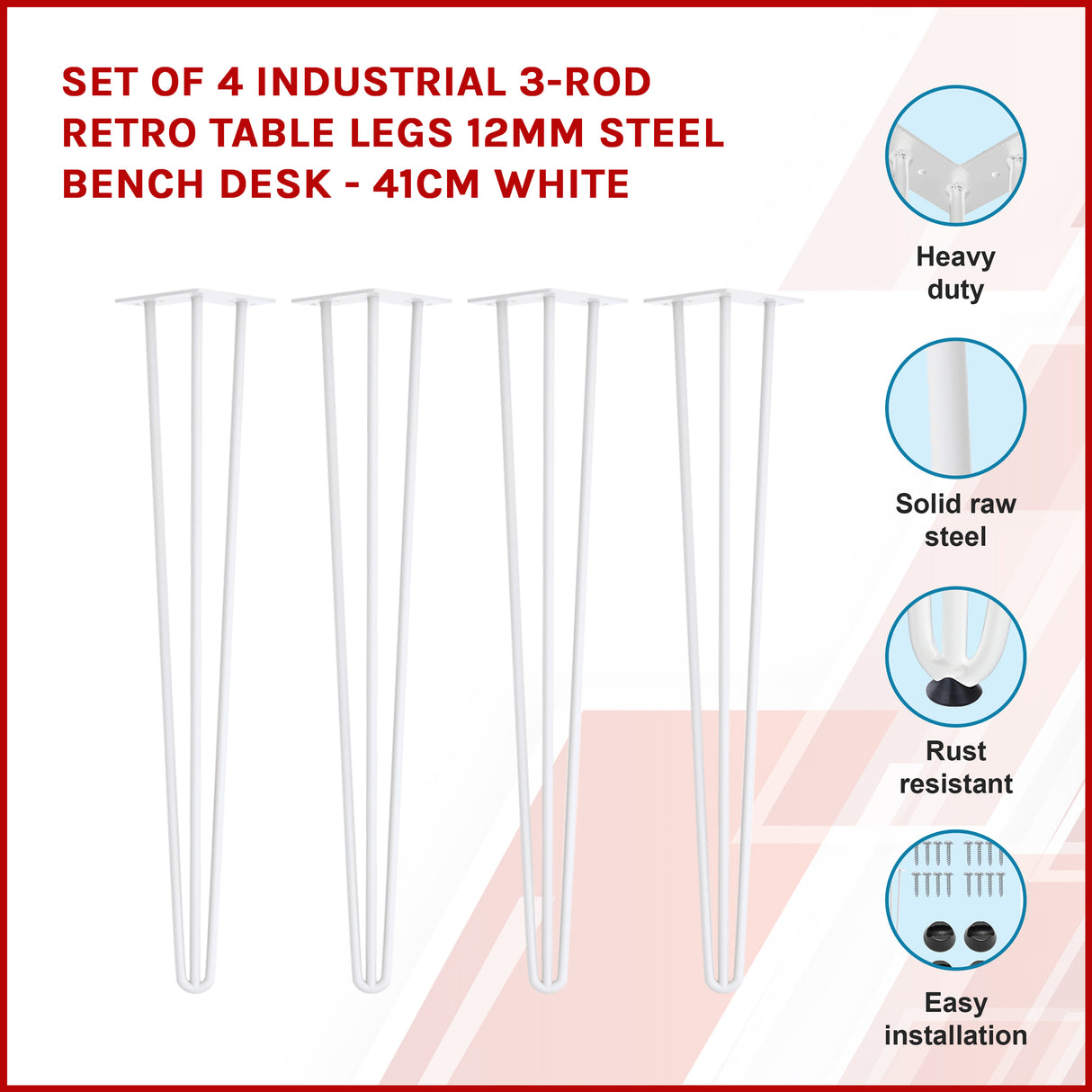 Set of 4 Industrial 3-Rod Retro Table Legs 12mm Steel Bench Desk - 41cm White