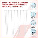 Set of 4 Industrial 3-Rod Retro Hairpin Table Legs 12mm Steel Bench Desk - 71cm White - Front View