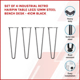 Set of 4 Industrial Retro Hairpin Table Legs 12mm Steel Bench Desk - 41cm Black - Front View