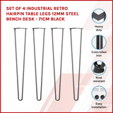 Set of 4 Industrial Retro Hairpin Table Legs 12mm Steel Bench Desk - 71cm Black - Top-Down View
