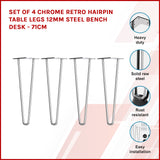 Set of 4 Chrome Retro Hairpin Table Legs 12mm Steel Bench Desk - 71cm - Front View