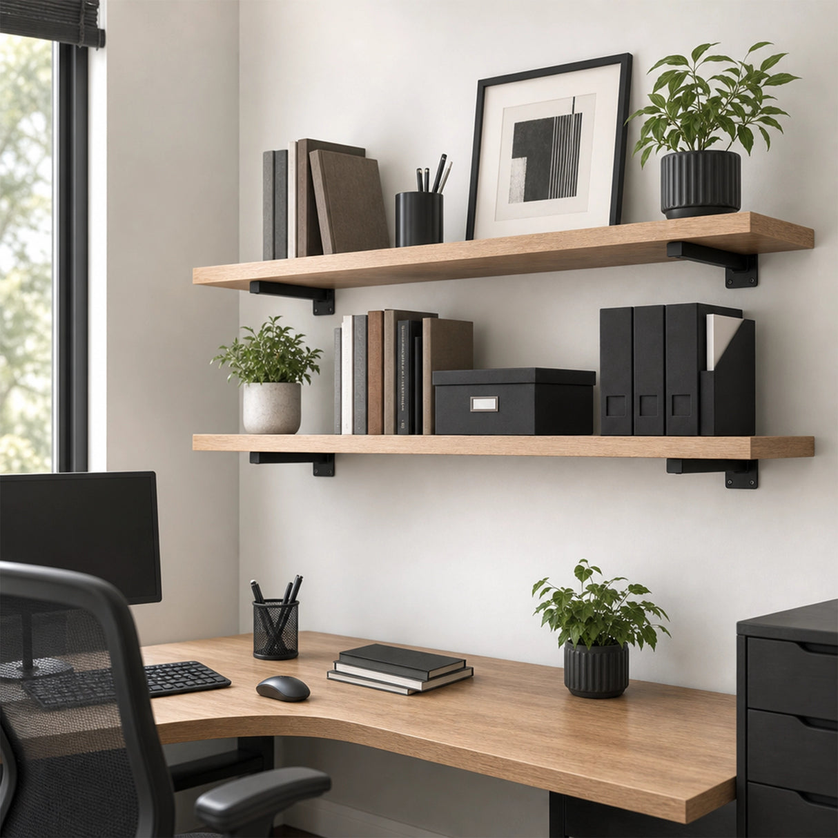 20cm Floating Shelf Brackets Industrial Metal Shelving Supports 4-Pack - Black