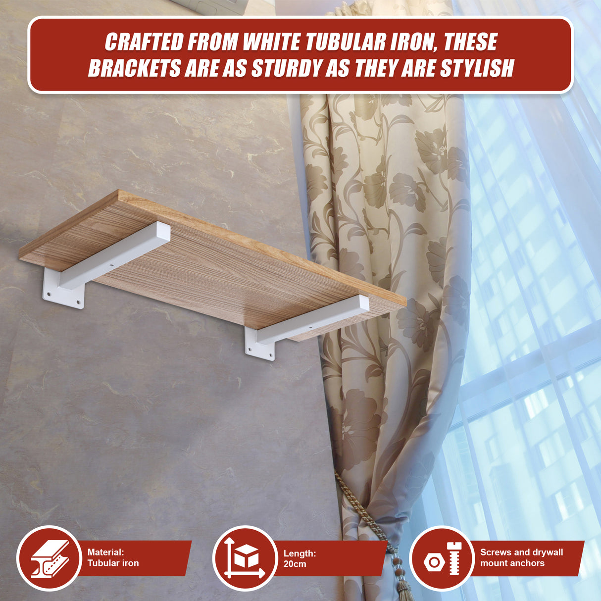 20cm Floating Shelf Brackets Industrial Metal Shelving Supports 4-Pack - White