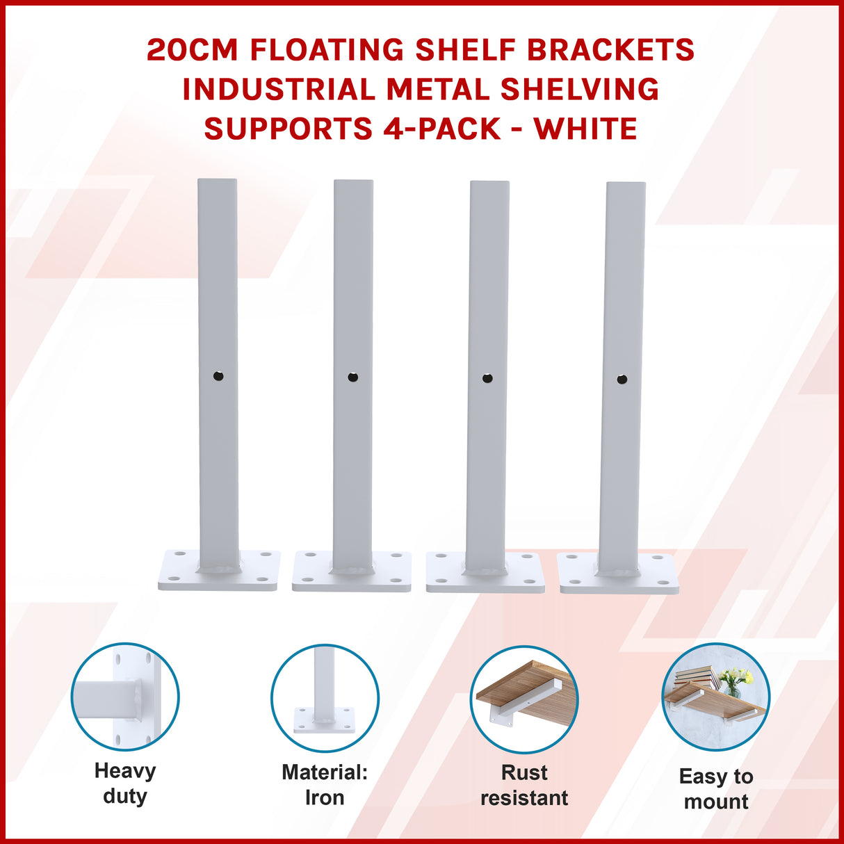 20cm Floating Shelf Brackets Industrial Metal Shelving Supports 4-Pack - White