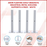 20cm Floating Shelf Brackets Industrial Metal Shelving Supports 4-Pack - White - Front View