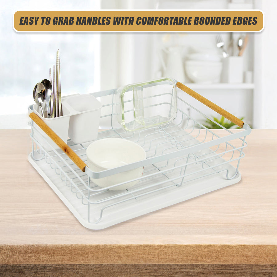 Metal Dish Drying Rack Drainboard Holder Tray Kitchen Plates Cutlery Wood Handle