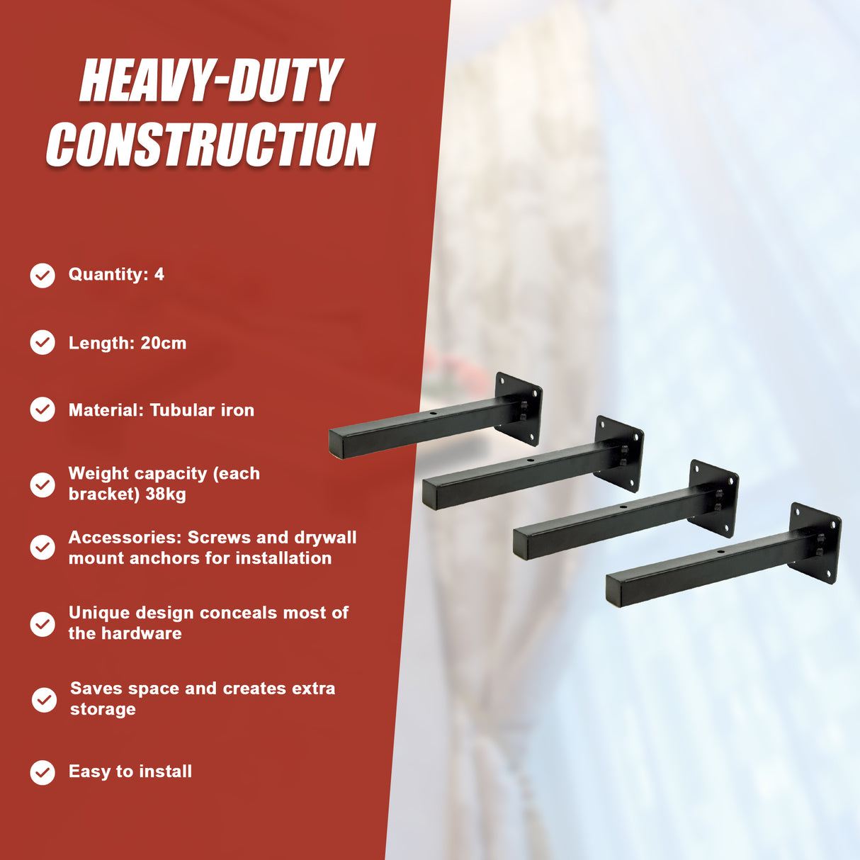 20cm Floating Shelf Brackets Industrial Metal Shelving Supports 4-Pack
