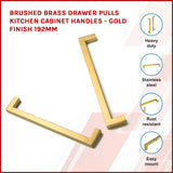 15 x Brushed Brass Drawer Pulls Kitchen Cabinet Handles - Gold Finish 192mm - Front View
