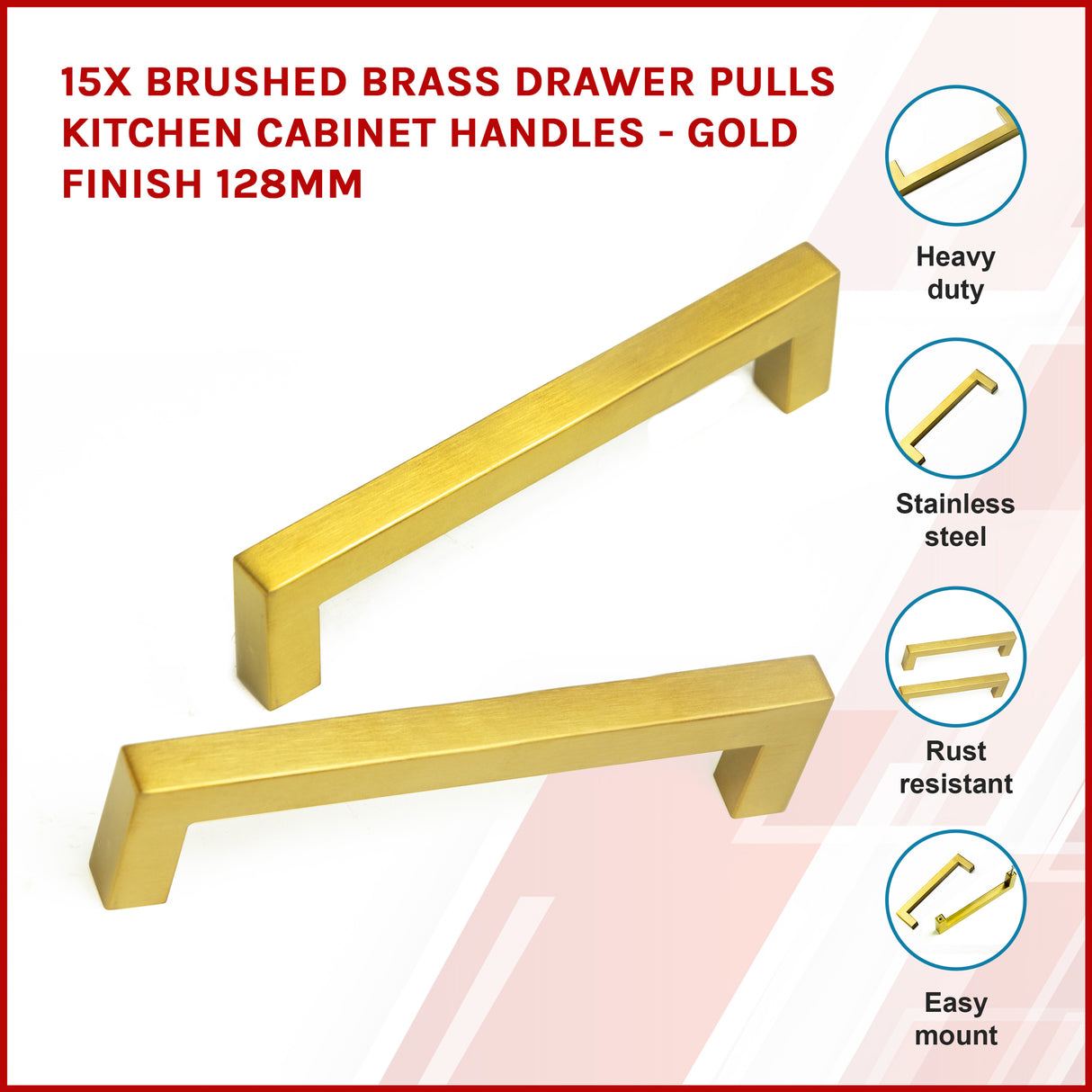 15x Brushed Brass Drawer Pulls Kitchen Cabinet Handles - Gold Finish 128mm
