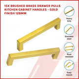 15x Brushed Brass Drawer Pulls Kitchen Cabinet Handles - Gold Finish 128mm - Front View