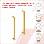 15x Brushed Brass Drawer Pulls Kitchen Cabinet Handles - Gold Finish 256mm