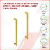 15x Brushed Brass Drawer Pulls Kitchen Cabinet Handles - Gold Finish 256mm - Front View